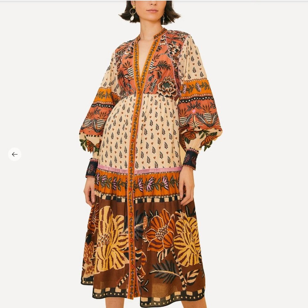 NWT Farm Rio Beige Ainika Flora V-Neck Midi-Dress